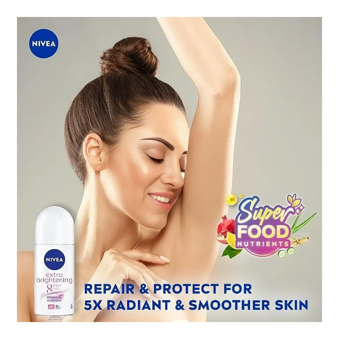 NIVEA Women Extra Brightening Roll-On Deodorant 25ml - 48H Sweat & Odor Protection - Smooth Underarms - Vitamin C & Licorice Formula - Gentle Skin Beauty and Personal Care NIVEA