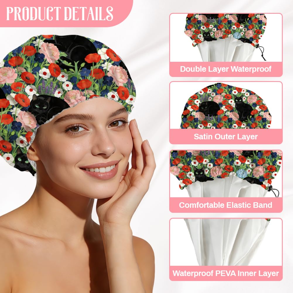 DELORIGIN Black Cat Reusable Shower Cap Flower Double Layer Waterproof Shower Caps Large Elastic Hair Cover Adjustable Hair - Drying Caps for Woman Beauty and Personal Care DELORIGIN