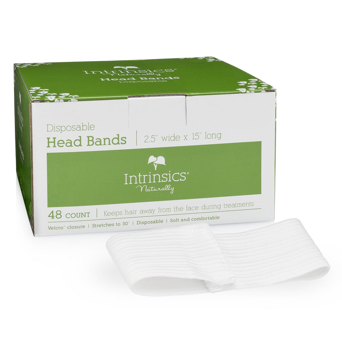 Intrinsics Disposable Headbands For Spa (48 Count) - 2.5” x 15” Stretchable Cotton Facial Headbands with Velcro Closure | For Facials, Makeup & Salon