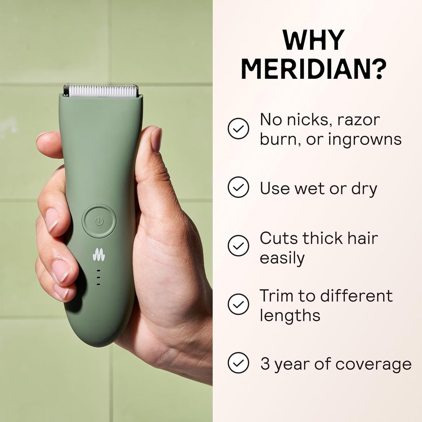 MERIDIAN The Trimmer Original - Body Hair Trimmer for Men, Electric Shaver for Pubic Hair, Chest, Legs & Bikini, Waterproof & Rechargeable, Sage Beauty and Personal Care MERIDIAN