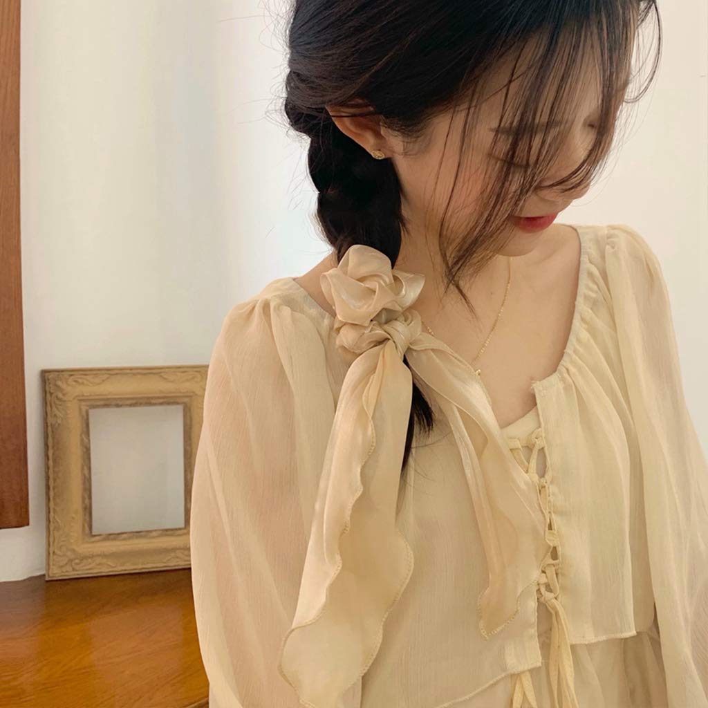 Silk Satin Bow Hair Ties, Chiffon Hair Ties in Boho Style, Bows Ponytail Accessories for Women or Girls (6 pcs)