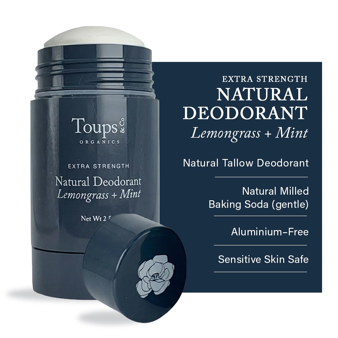 Toups & Co Natural Extra-Strength Deodorant-Lemon Grass & Mint - Aluminum-Free Odor Protection - Grass-Fed Tallow & Magnesium - Baking Soda Balanced Beauty and Personal Care Toups and Co