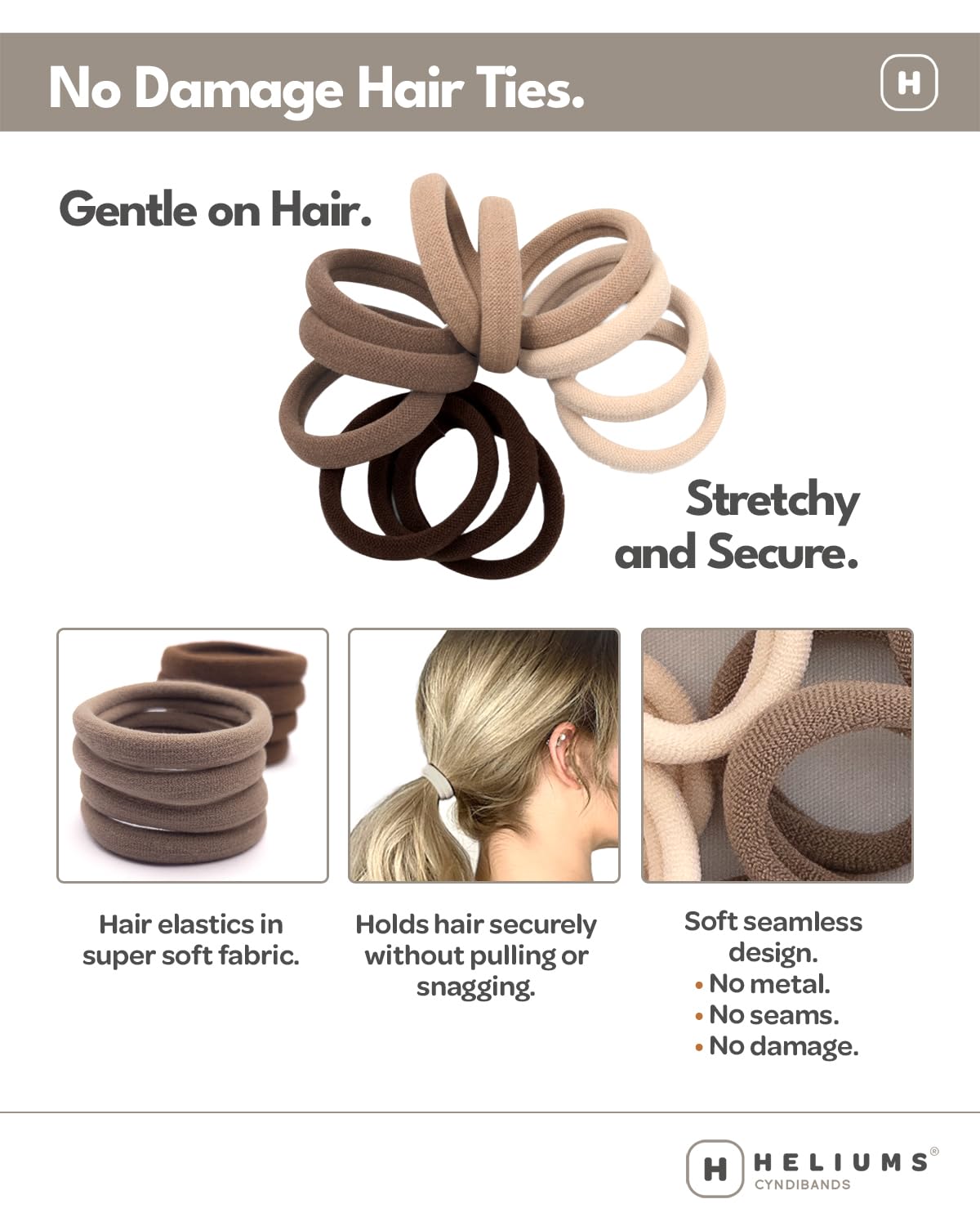 Heliums Soft Hair Ties - No Damage Seamless Nylon Fabric Bands, Stretchy Ponytail Holders for Thin & Thick Hair - Standard 1.5 Inch, Black, 20 Pack Beauty and Personal Care Heliums