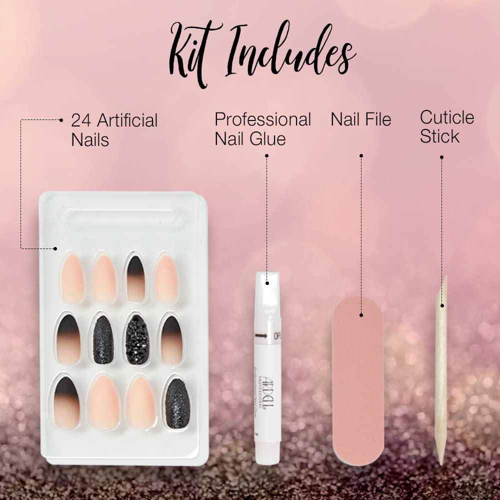 Ardell Nail Addict Premium Press On Nails Almond Pink Black 24Pc Fake Nails