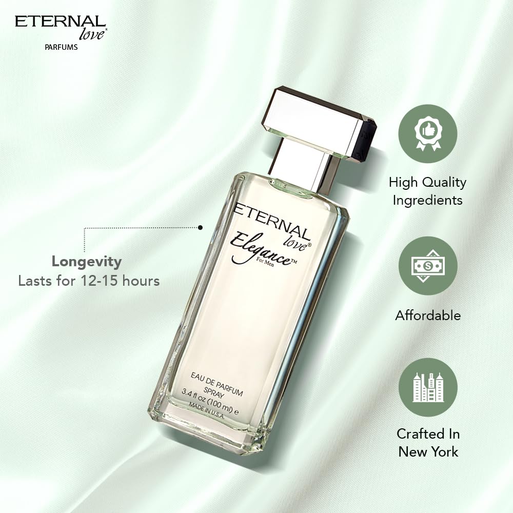 Eternal Love Elegance for Men - Long Lasting Eau de Parfum Spray - Clean Masculine Floral Aquatic Fragrance with Jasmine & Musk - Summer Scent - 3.4oz Beauty & Personal Care Eternal Love