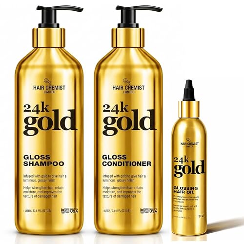 Hair Chemist 24K Gold Gloss Shampoo & Conditioner 3-Piece Hair Care Set - 33.8oz Shampoo, 33.8oz Conditioner & 8 oz Hair Oil - Strengthening, for Dry Beauty & Personal Care Hair Chemist