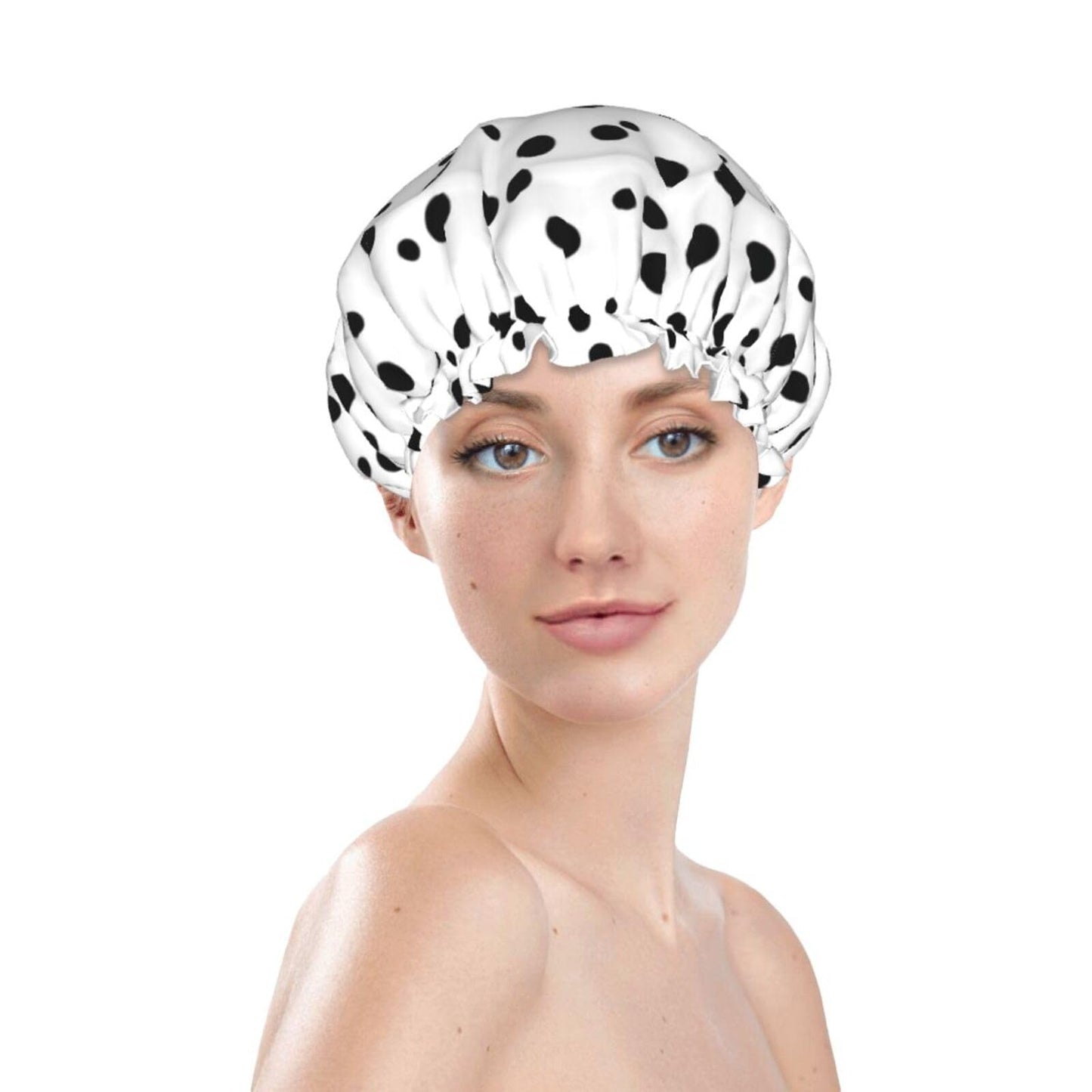 MYGANN Black And White Polka Dot Reusable Double Layer Waterproof Shower Cap With Elastic Cord For Home Cleaning Facial Care Shower Beauty and Personal Care MYGANN