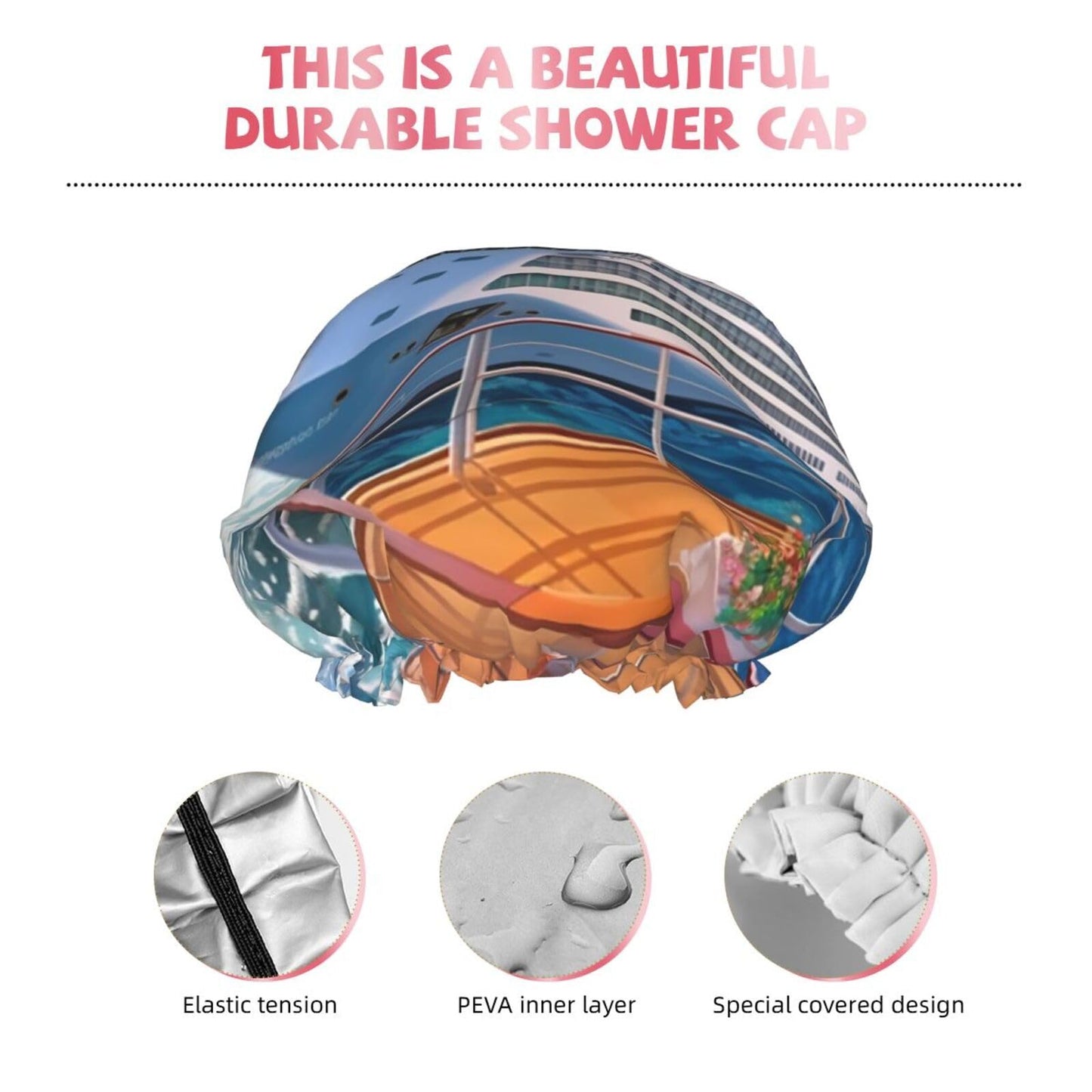 Summer Sea Cruise Shower Cap for Women Men Large Reusable Shower Bonnet Double-Layer Waterproof Bath Caps Elastic Band Hair Hat for All Hairstyles Beauty and Personal Care BWLHJKE