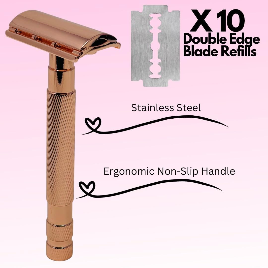 G.B.S Rose Gold Double Edge Safety Razor for Women with 10 Double Edge Safety Razor Blades Refills, Leather Razor Case Long Handle Metal Razor Beauty and Personal Care G.B.S