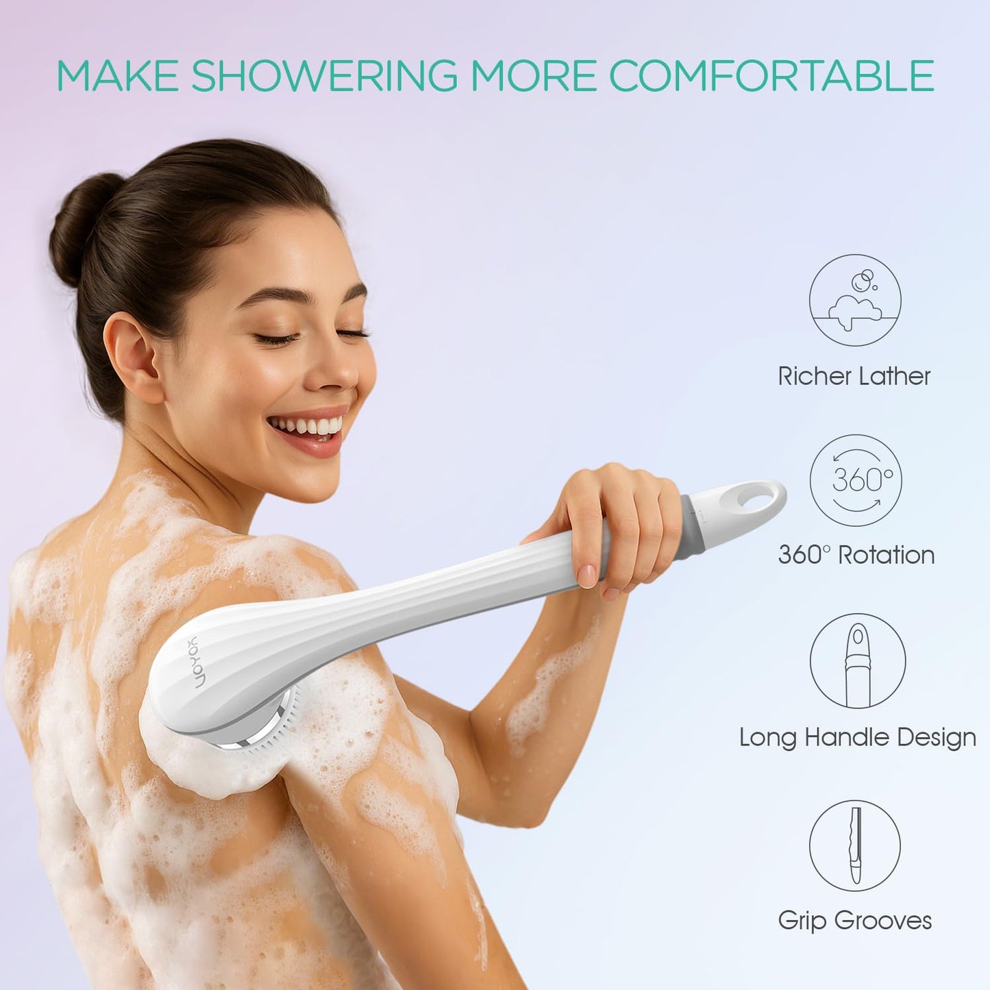 VOYOR Electric Body Brush Back Scrubber for Shower Rechargeable Exfoliating Bath Brush Powered Shower Brush with Non-Slip Long Handle Deep Cleansing Beauty and Personal Care VOYOR
