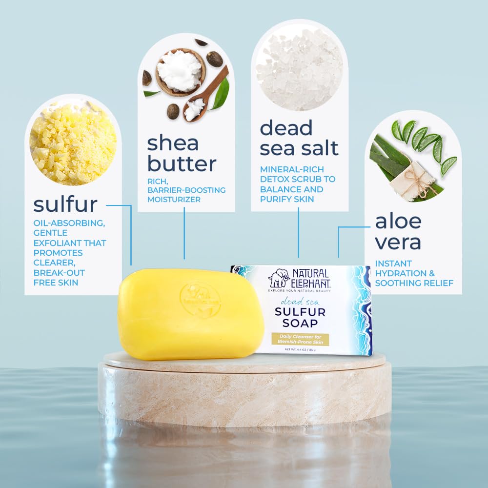 Natural Elephant Dead Sea Sulfur Soap Bar | Clarifying Face & Body Wash with Dead Sea Salt & Aloe Vera | 4.4 oz (125 g) Beauty & Personal Care Natural Elephant