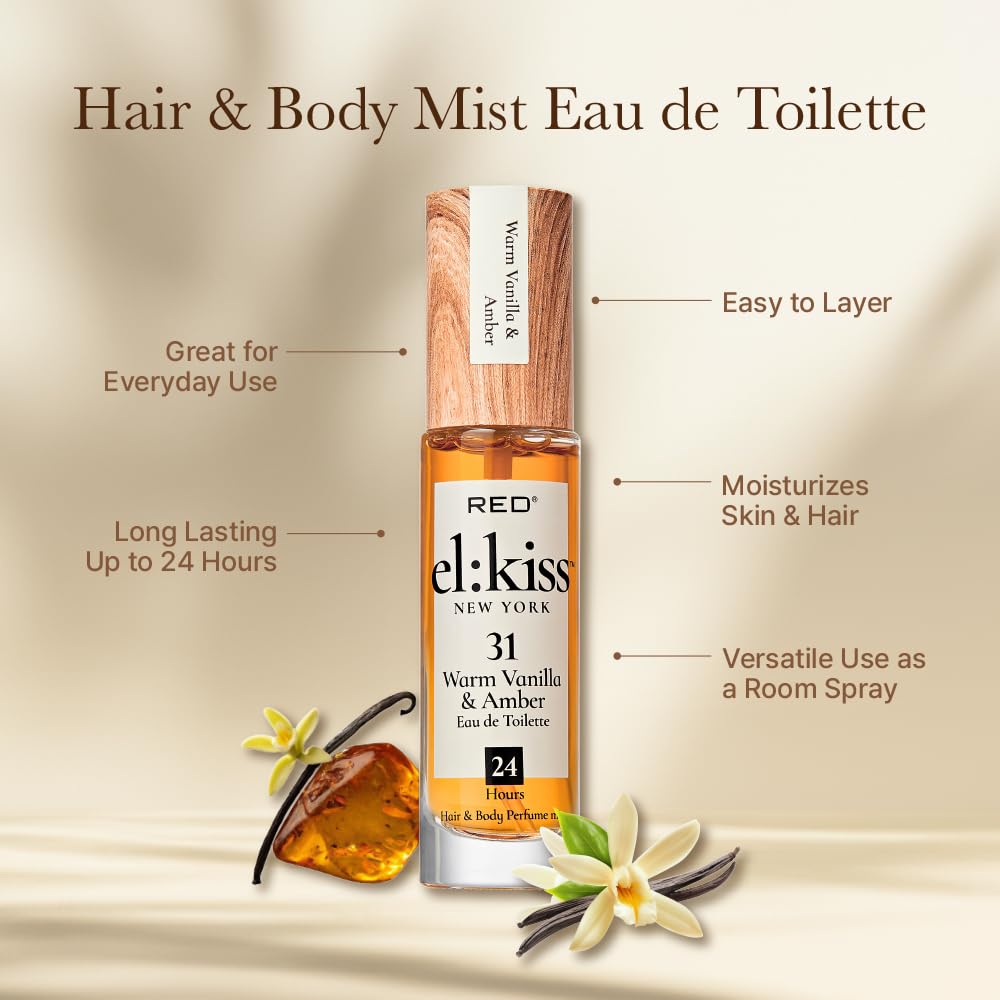 EL:KISS Hair Perfume & Body Mist, Warm Vanilla & Amber Eau de Toilette 30mL (1.01 Fl Oz), Hydrating & Long-Lasting, Alcohol-Free & Mineral Oil-Free Beauty & Personal Care EL:KISS