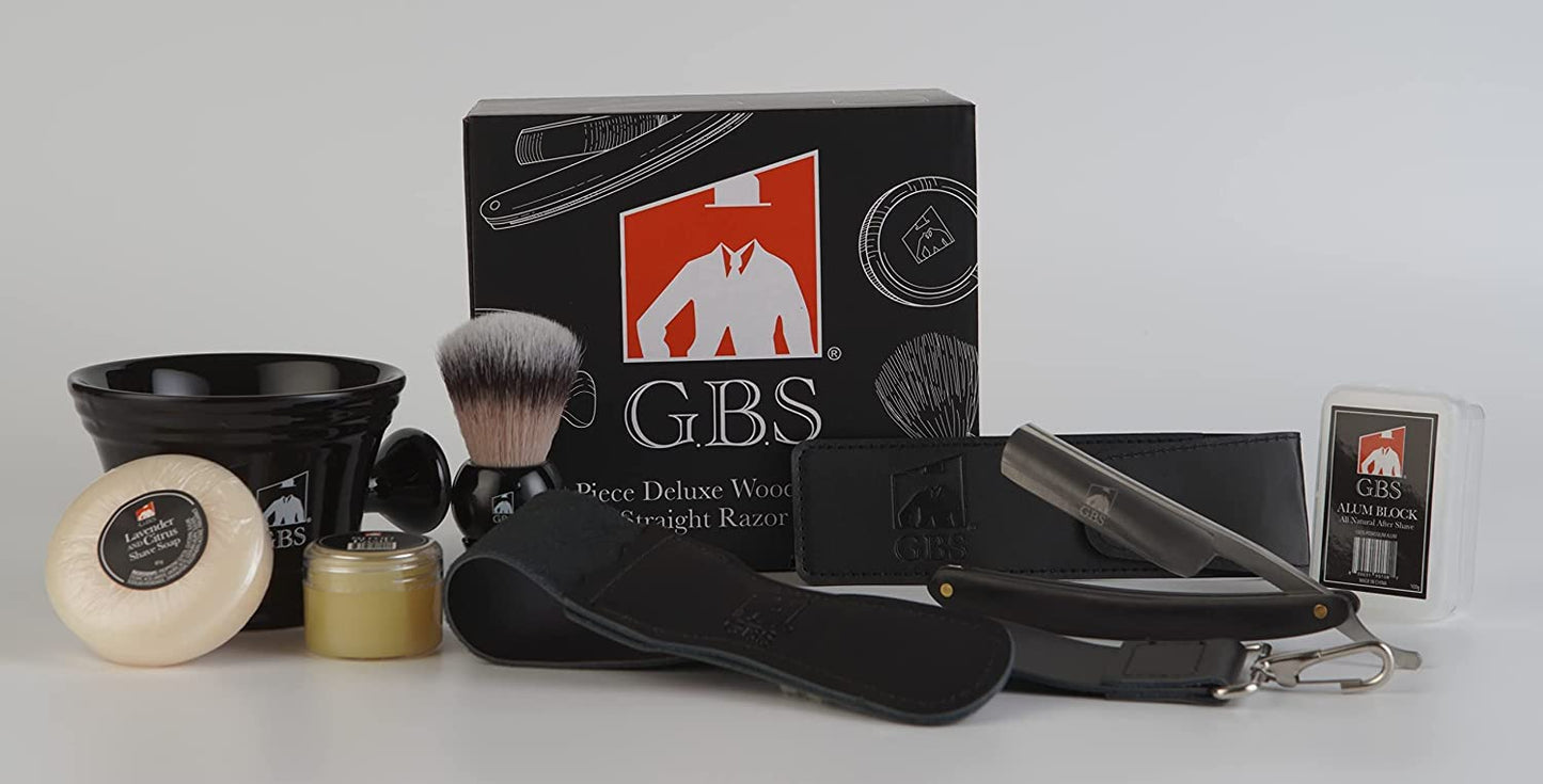 G.B.S 8 Piece Deluxe Wood shaving Straight Razor Set Shave Ready Beauty and Personal Care G.B.S