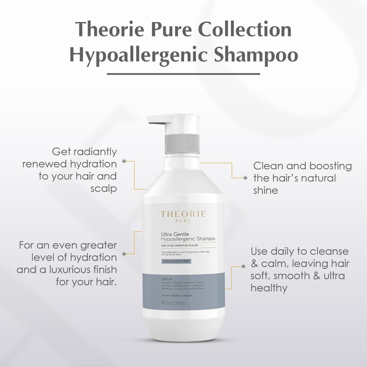 Theorie PURE Ultra Gentle Hypoallergenic Shampoo - Plant-Based & Vegan - Fragrance-Free - Designed for Delicate Scalp Care - Pump Bottle - 400mL