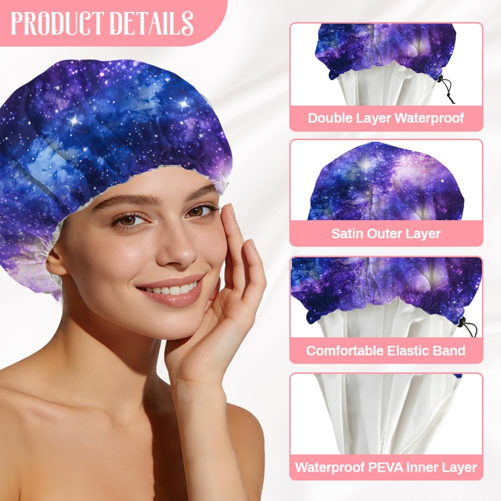 DELORIGIN Starry Sky Reusable Shower Cap Milky Way Double Layer Waterproof Shower Caps Large Elastic Hair Cover Adjustable Hair - Drying Caps Beauty and Personal Care DELORIGIN