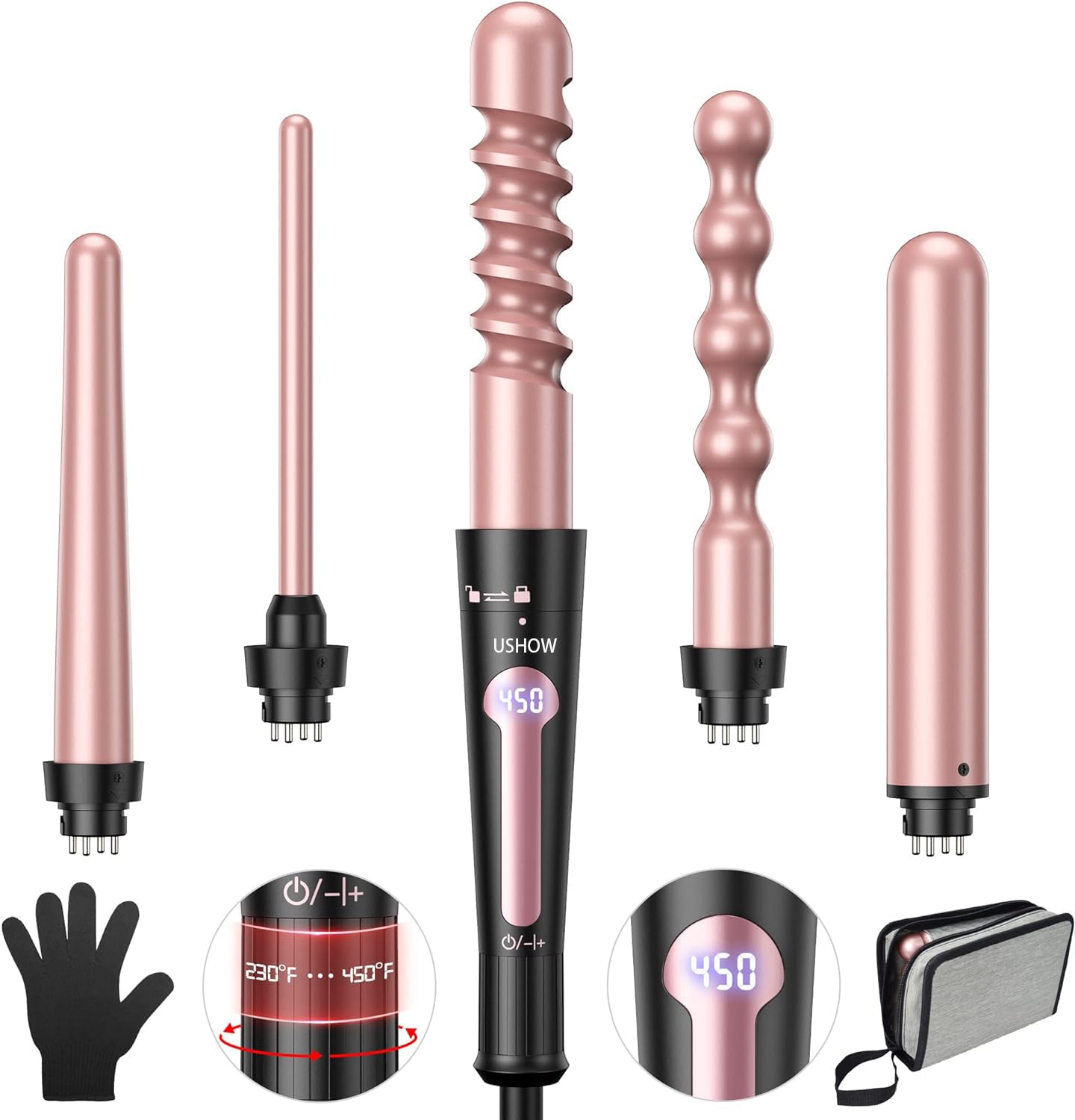 USHOW Curling Iron, Curling Wand Set, Instant Heat Up Hair Curler with Interchangeable Tourmaline Ceramic Barrels (0.5" to 1.25"), Adjustable Beauty & Personal Care USHOW