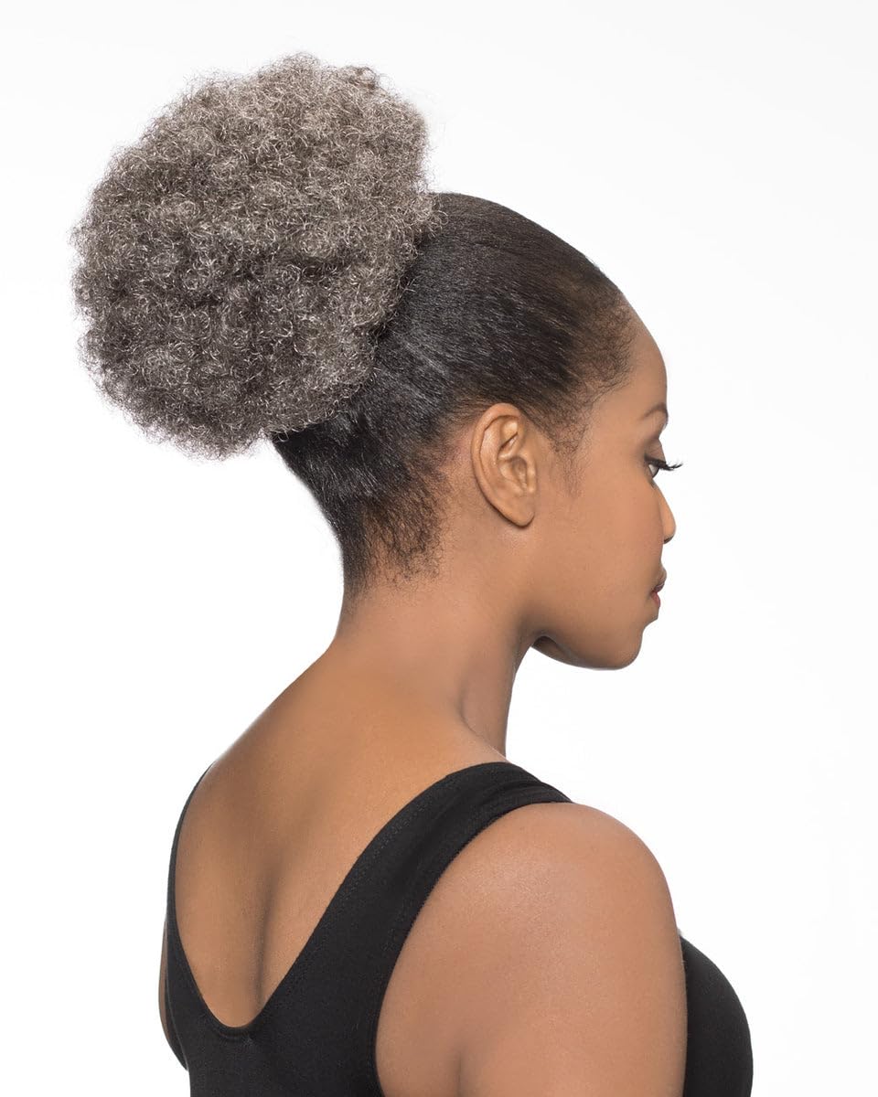 Maxwigs DS007 Afro Ponytail Color 44 Charcoal Gray - Foxy Silver Wigs 8-10" Medium Length Drawstring Hairpiece Extension Synthetic Black Grey Full Bun