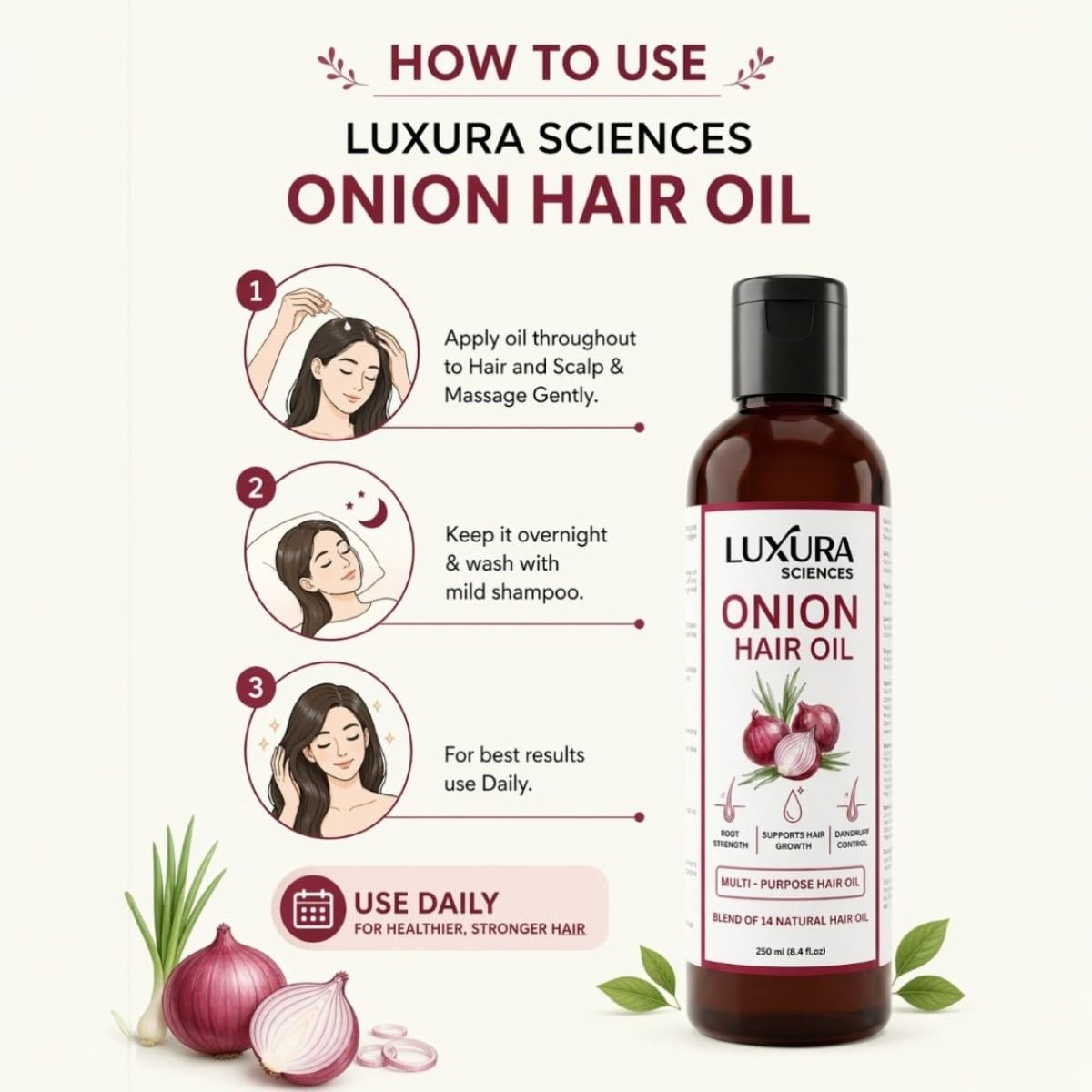 Luxura Sciences Organic Onion Oil | Controls Hair Loss, Dandruff, & Helps with Growth | Infused with 14 Essential Oils for Strong Roots | Sulfate-Free