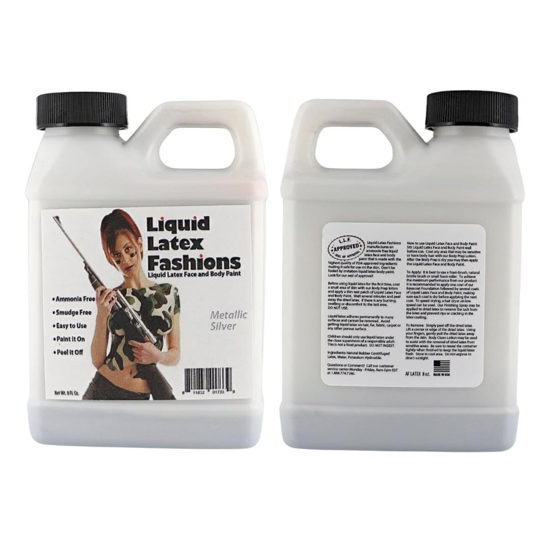 Metallic Silver Liquid Latex - 8 Oz Face and Body Paint, Shimmery Silver Effects for New Year's, Cosplay, Costumes Beauty & Personal Care Liquid Latex Fashions