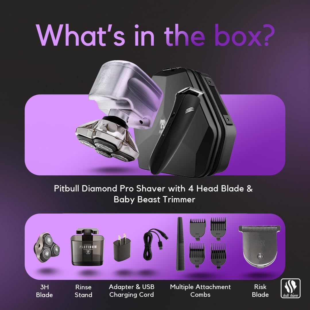 Skull Shaver Pitbull Diamond PRO Head & Face Shaver - Waterproof Cordless Electric Shaver - Metal Body - Baby Beast Trimmer - Travel Case - Gift Beauty and Personal Care Skull Shaver