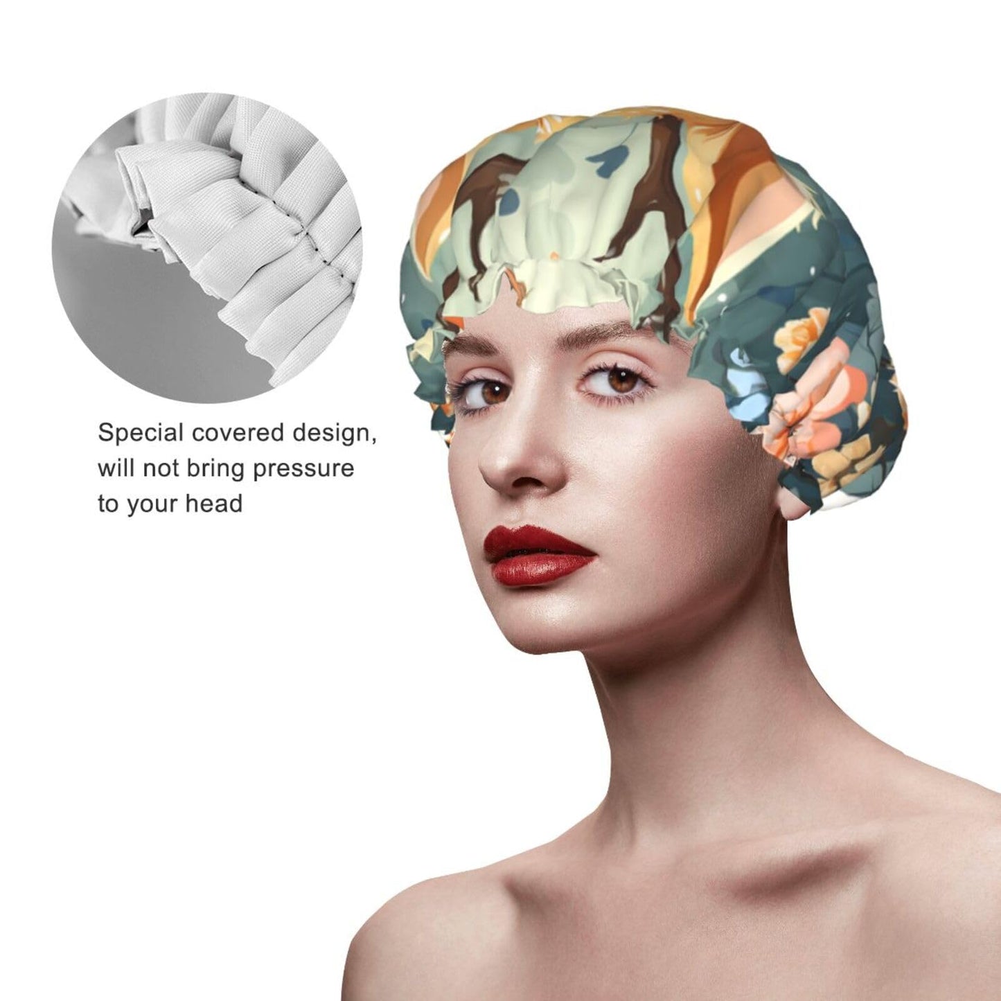 Cartoon Deer Flower Shower Cap For Women Reusable Double Layers Bathing Bath Cap Hair Caps Waterproof Elastic Band Ladies Spa Salon Shower Hat Hair Beauty and Personal Care GDSHJKLW