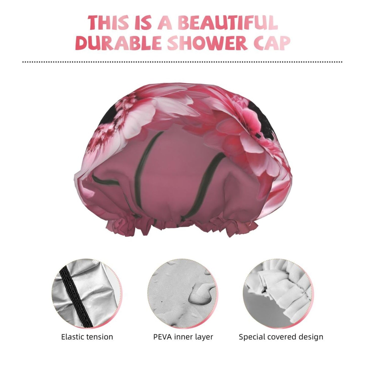 Two pink floral Shower Cap for Women Men Large Reusable Shower Bonnet Double-Layer Waterproof Bath Caps Elastic Band Hair Hat for All Hairstyles Beauty and Personal Care BWLHJKE