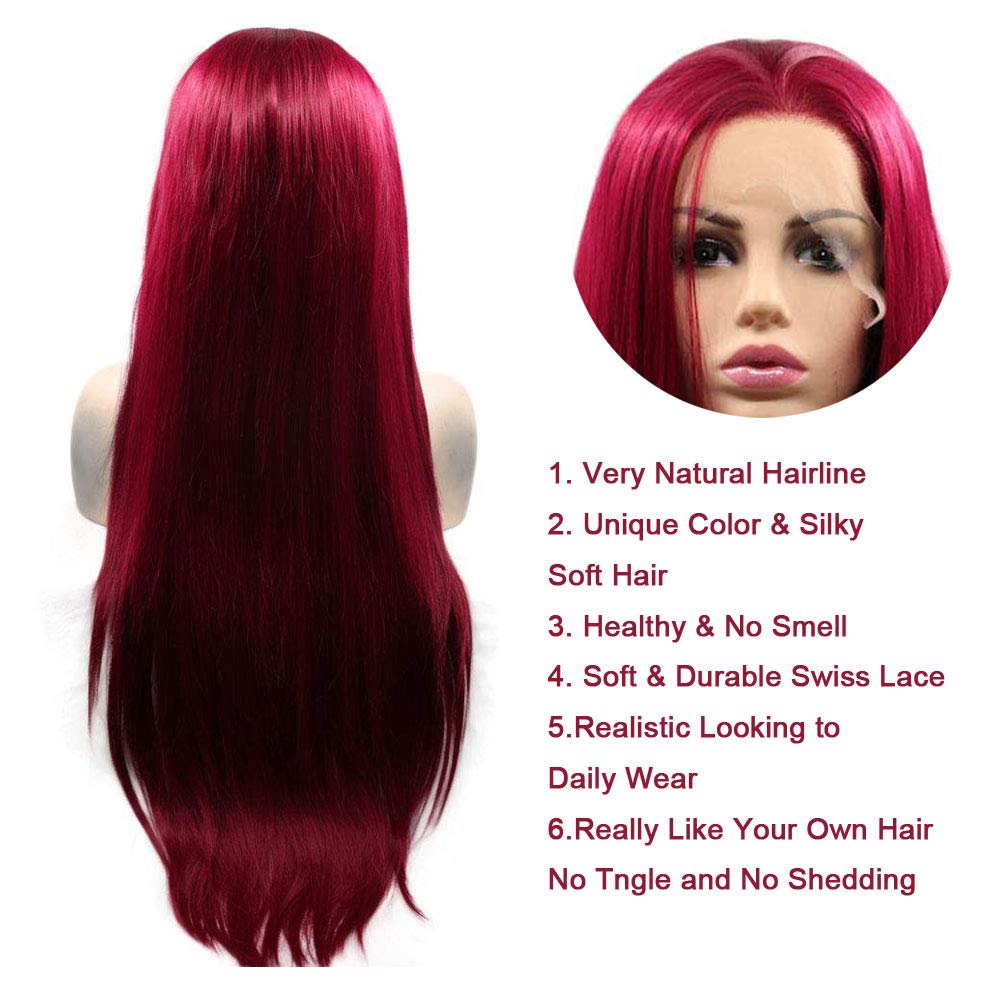 Red Wig for Women Long Burgundy Silky Straight Soft Heat Resistant Lace Front Wigs with Baby Hair Fashion Glueless Natural Hairline Synthetic Hair Wig