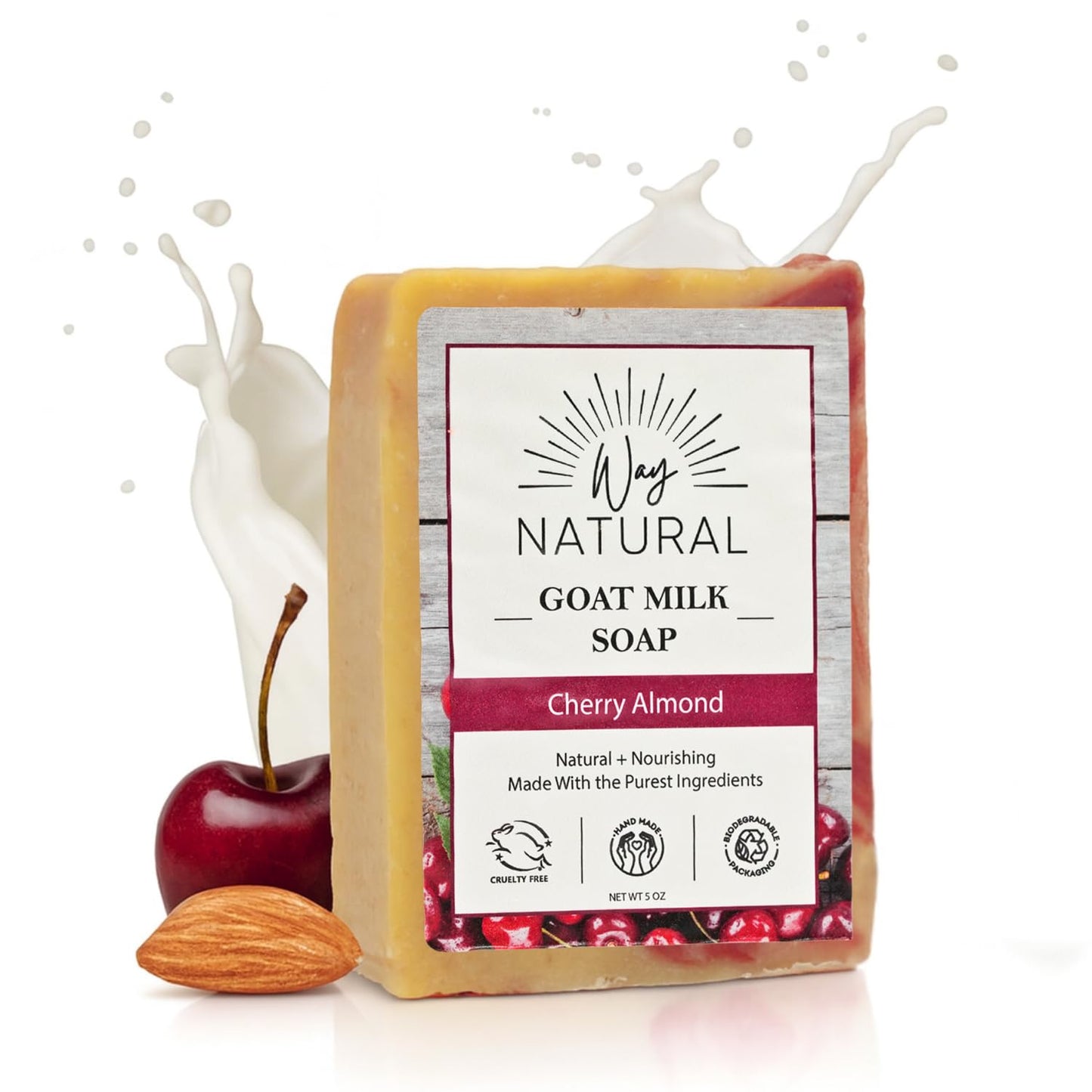 Way Natural Goat Milk Soap Bar, Cherry Almond - Premium, Handmade w/Real Milk in USA - Hand & Body Goat Soap - Dry Skin, Gentle, No Dyes - (1 Large Beauty & Personal Care Way Natural