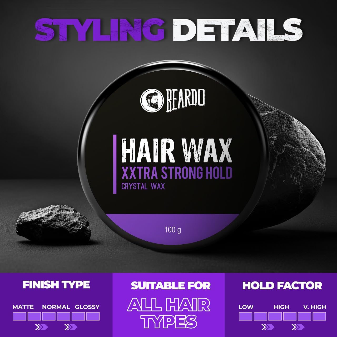 Beardo XXtra Stronghold Hair Wax, 100 gm | Crystal Hair Wax for Men | Glossy Finish | Hair Style, Shine | Extra Strong Hold Styling Hair Wax - 3.4Fl Beauty & Personal Care BEARDO