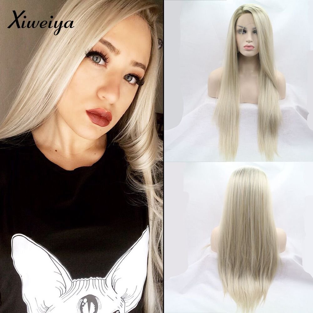 xiweiya Synthetic Long Straight Wig Ombre Light Blonde Wigs 13 * 3 Lace Wig for Women Daily Wear 24inches