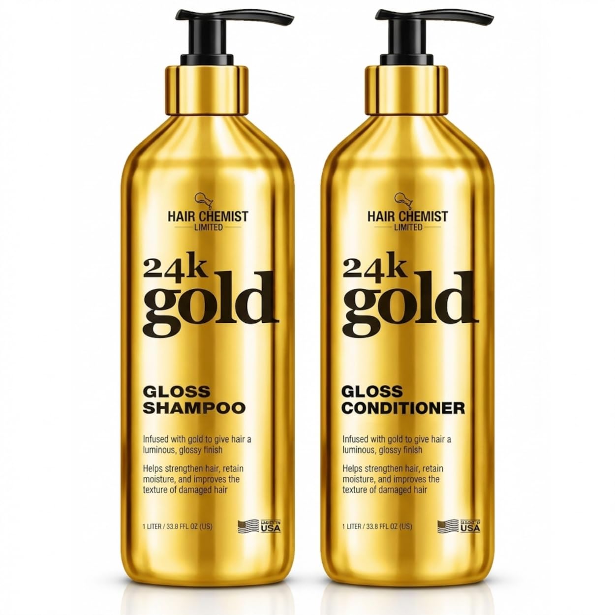 Hair Chemist 24K Gold Gloss Shampoo & Conditioner 33.8 oz. 2-PC Set - Strengthening & Shine Enhancing Hair Care System - Hydrating, Smoothing Beauty & Personal Care Hair Chemist