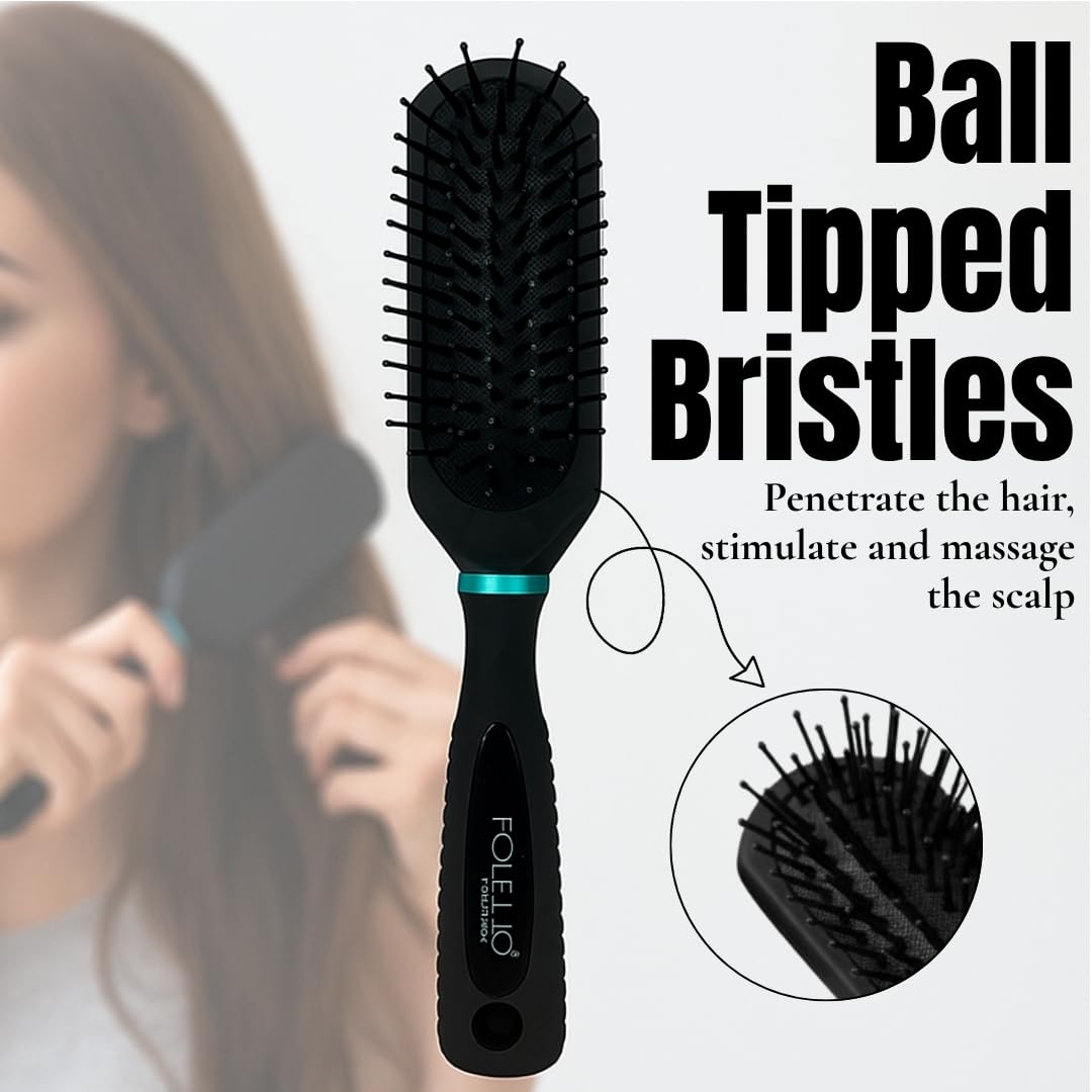 FOLELLO Paddle Hair Brush for Men and Women - Black Detangling Comb for Straight, Curly, Thick or Thin Hair - Styling Brush for Wet and Dry Hair