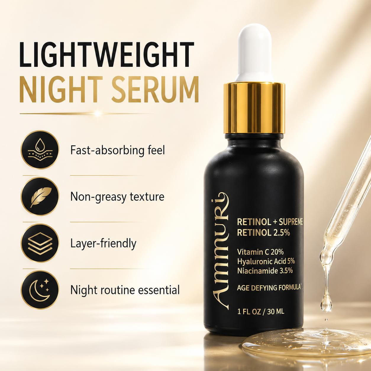 Ammuri Retinal + Supreme Anti-Aging Face Serum - Retinal, Hyaluronic Acid & Vitamin C Serum for Skin Care - Powerful Triple Combination for Youthful Beauty & Personal Care Ammuri