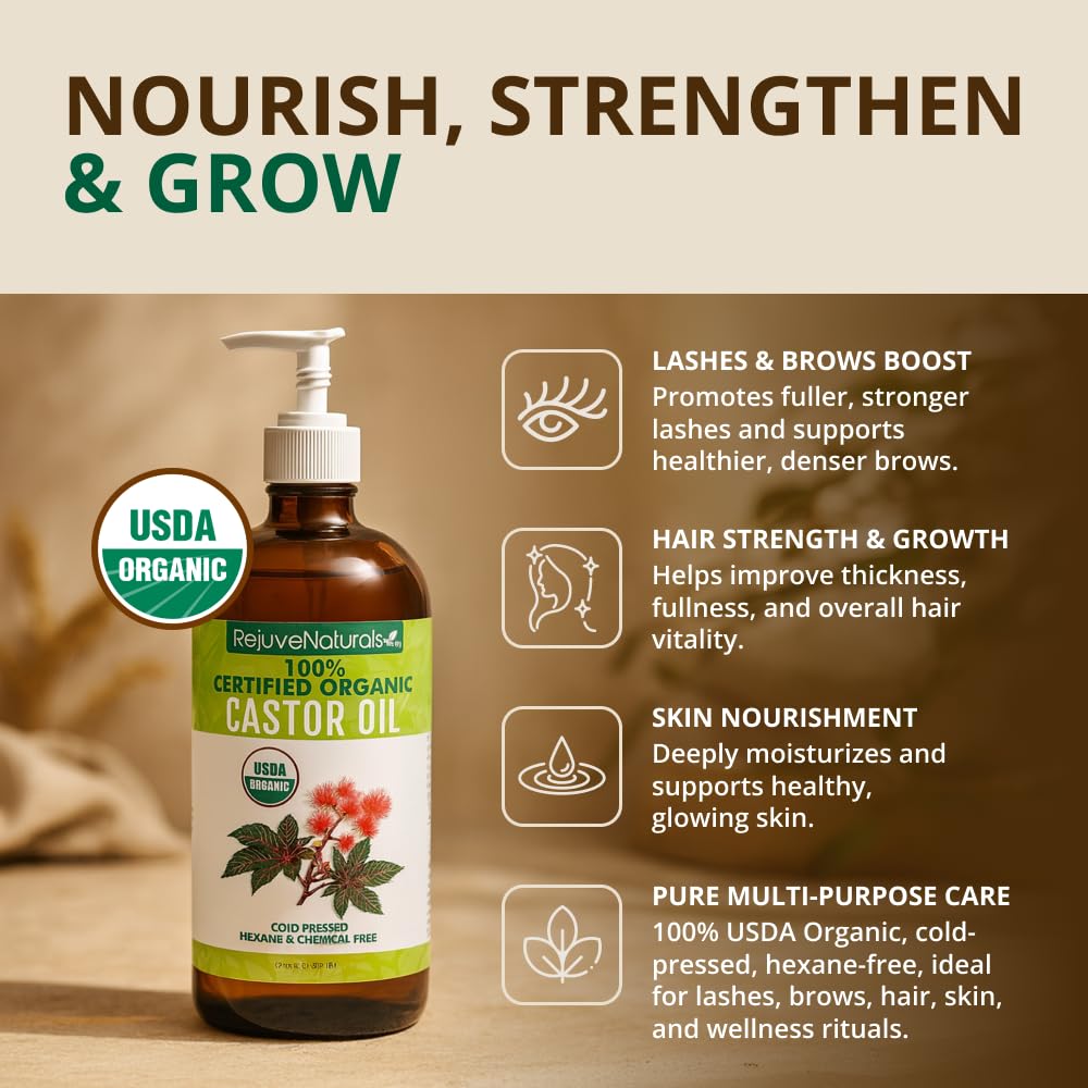 RejuveNaturals Castor Oil (16oz Glass Bottle) USDA Certified Organic, 100% Pure, Cold Pressed, Hexane Free. Boost Hair Growth for Thicker, Fuller Beauty & Personal Care RejuveNaturals