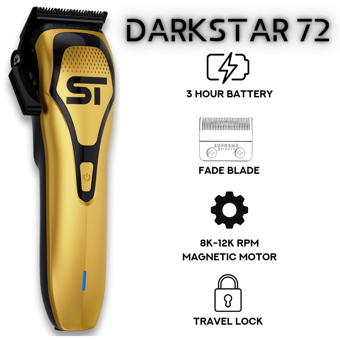 Supreme Trimmer Darkstar 72 Clipper with Magnetic Vector Motor - 180 Min Run Time, 9000 RPM Barber Hair Clipper - Low Noise, Professional Clipper DLC Beauty and Personal Care Supreme Trimmer