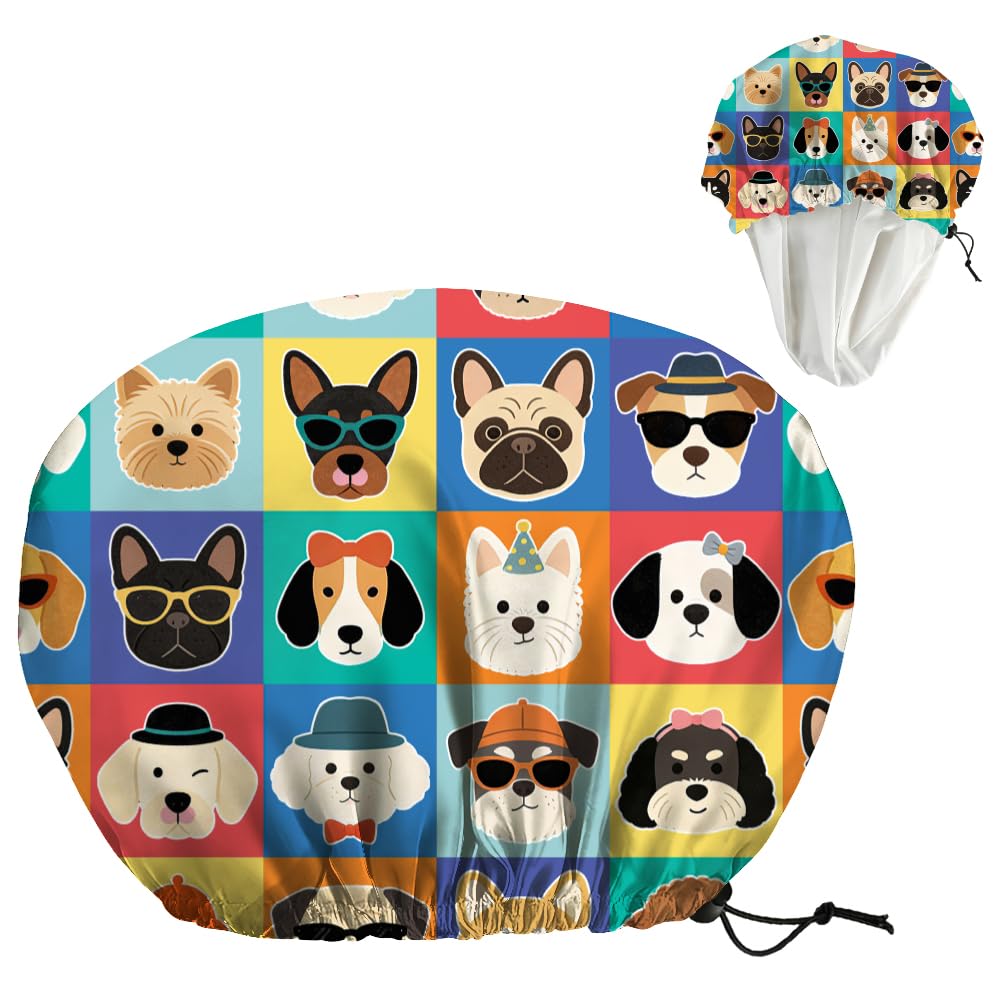 DELORIGIN Funny Dog Reusable Shower Cap Cute Double Layer Waterproof Shower Caps Large Elastic Hair Cover Adjustable Hair - Drying Caps for Woman Man Beauty and Personal Care DELORIGIN