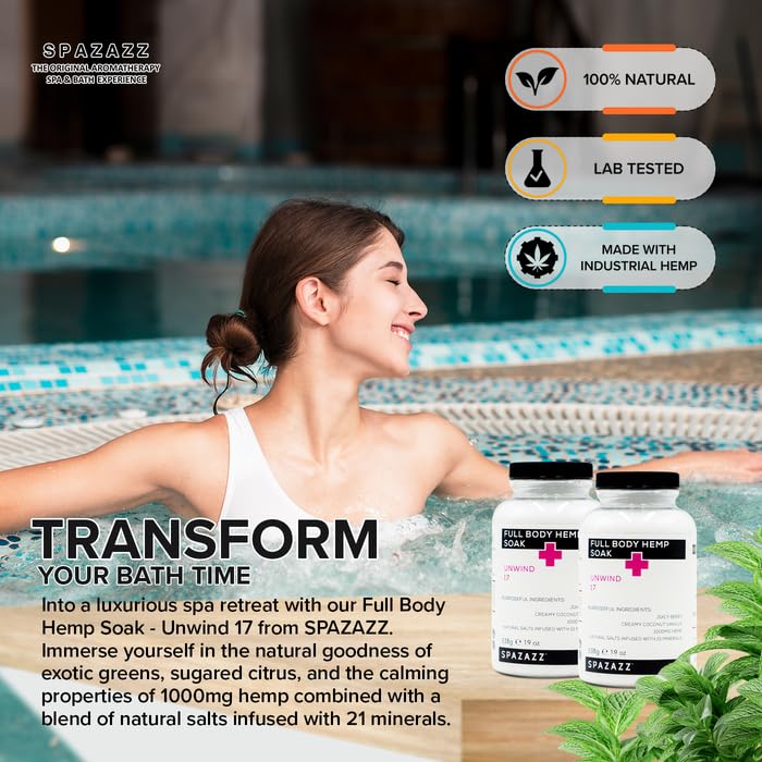 Spazazz Full Body Hemp Soak - 1000mg Hemp - Spa Hot Tub & Bath Aromatherapy Bath Salt Crystals - 538g/19oz (Unwind 17) Beauty and Personal Care Spazazz