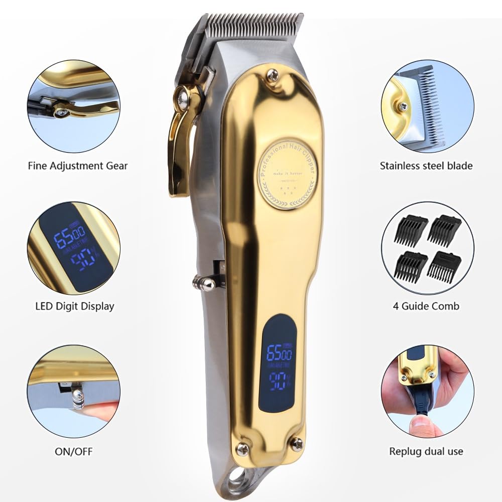 GLESVOWIO Pro Hair Clipper Professional Electric Rechargeable Men's Shaver Barber Trimmer Machine(Gold) Beauty and Personal Care GLESVOWIO