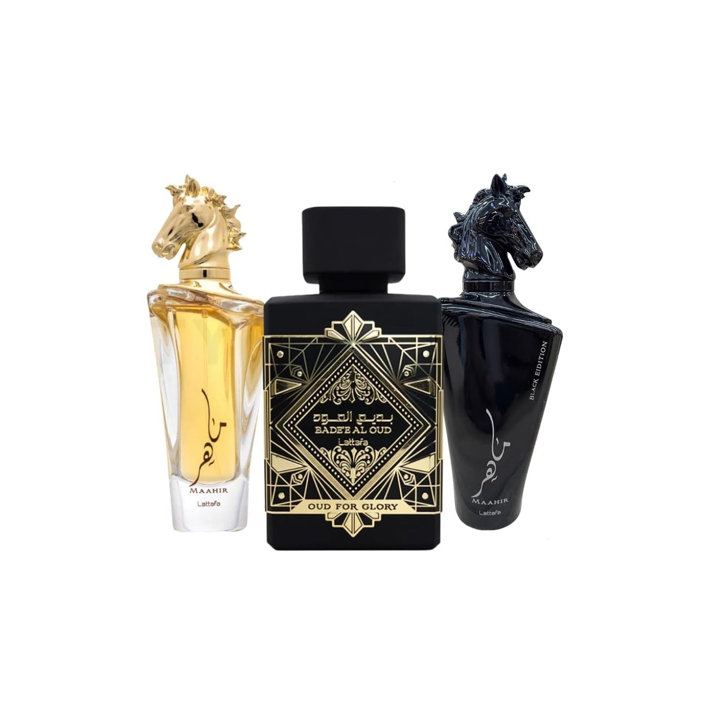 Lattafa for Unisex 3 Piece Eau de Parfum Gift Set (Bade'e Al Oud Oud for Glory + Maahir + Maahir Black Edition for Men) 3.4 Ounce/100 ml each Beauty & Personal Care Lattafa