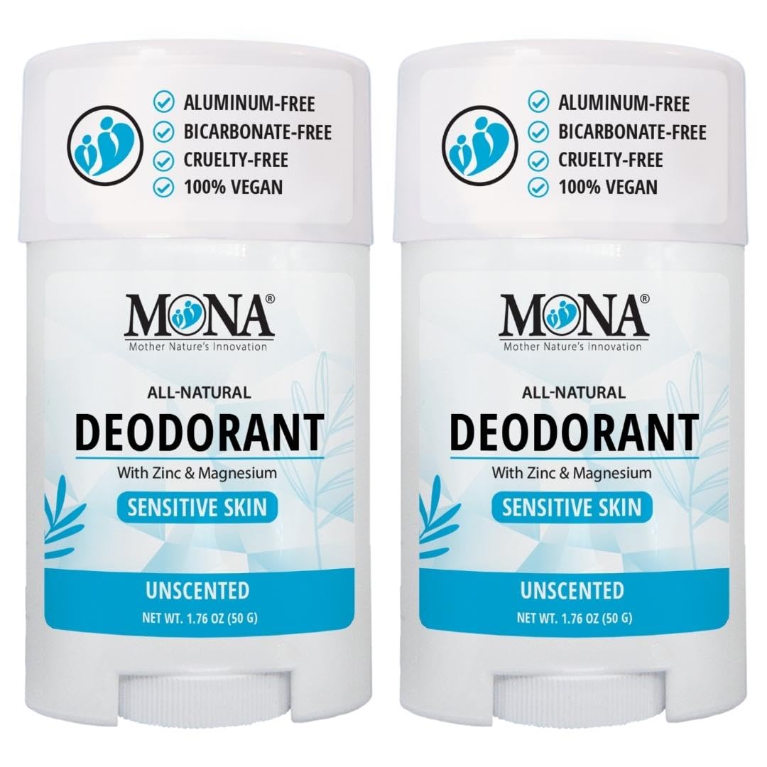 MONA BRANDS All Natural Deodorant For Women & Men - For Sensitive Skin - No Aluminum or Baking Soda - (2-Pack UNSCENTED 1.76 Oz each) Beauty and Personal Care MONA