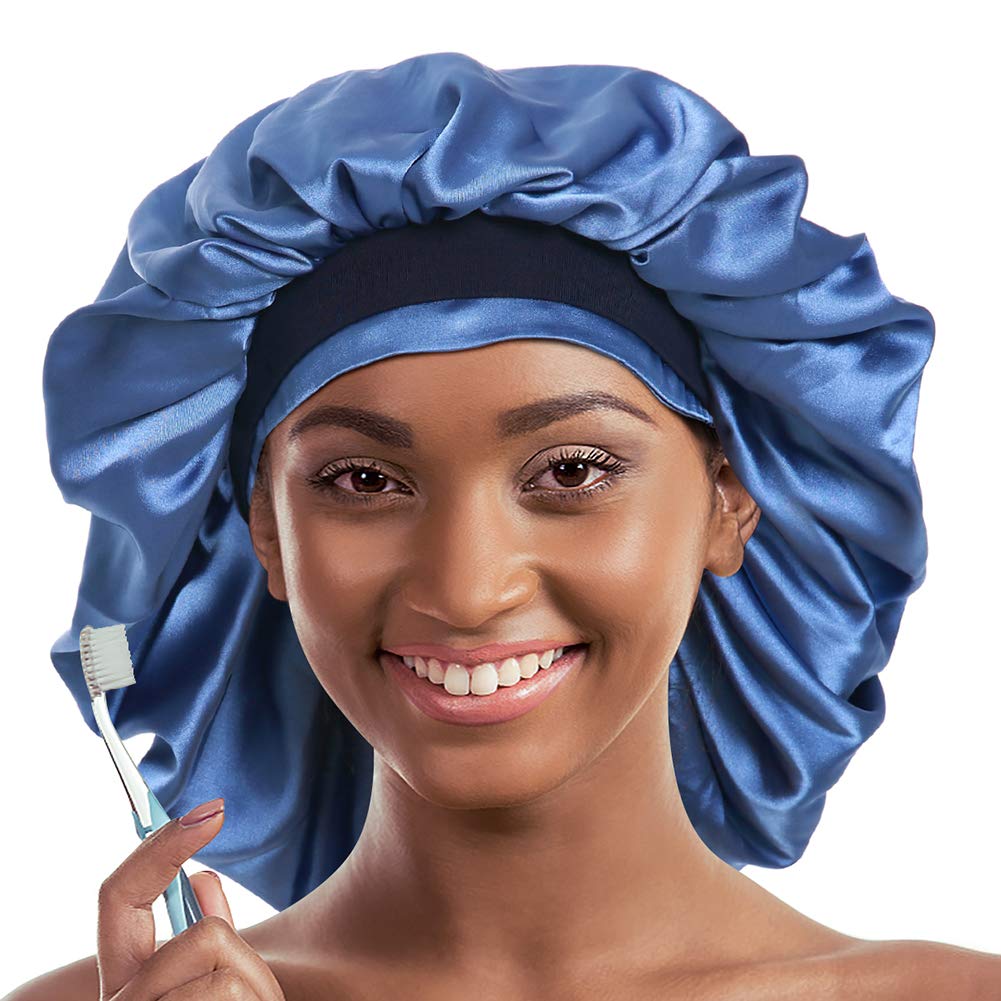 Double Layer Bonnet Long Satin Cap Head Wrap for Sleeping Blue Beauty and Personal Care Alnorm
