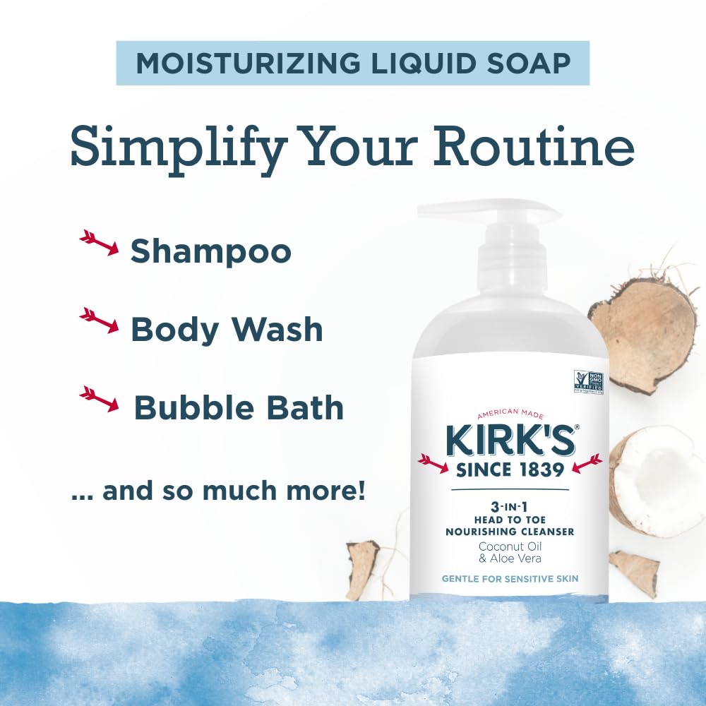 Kirk's Original Fresh 3-in-1 Nourishing Cleanser and Travel Bar Soap, Shampoo Body Wash Bubble Bath, Coconut Oil and Aloe Vera, Vegan Non-GMO, 32 Fl Beauty & Personal Care Kirk's