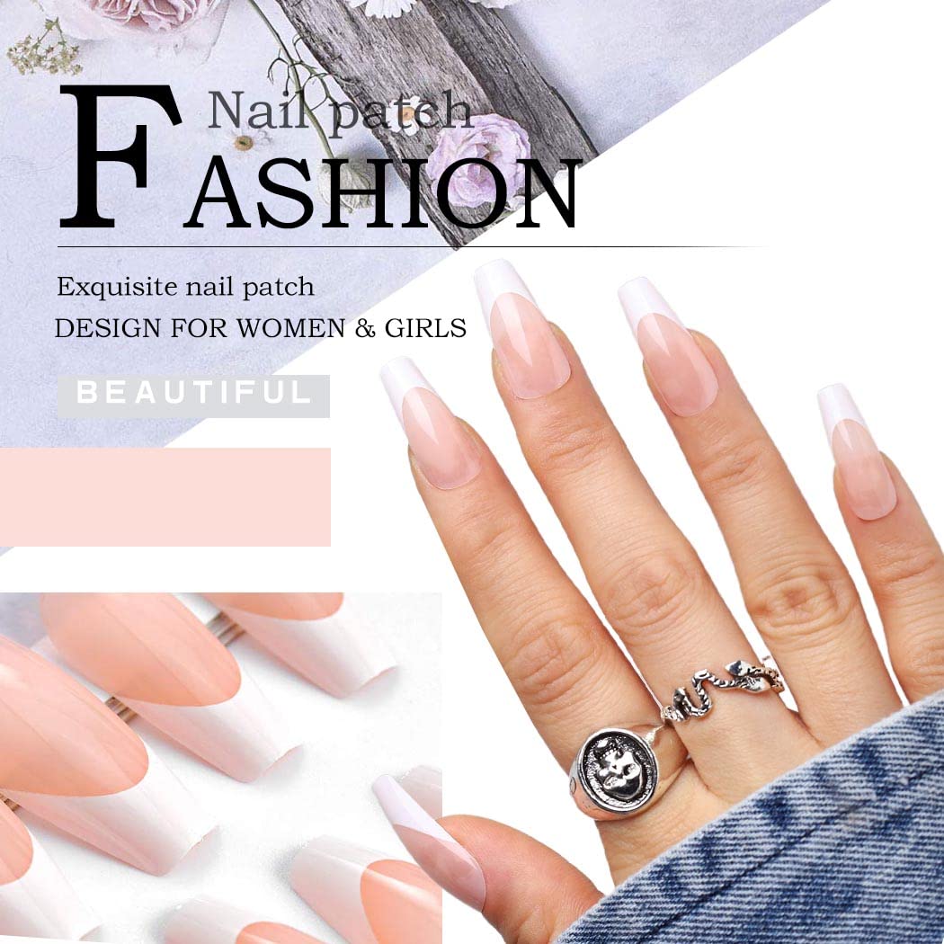 Aksod Long Coffin French Manicure Press on Nails Tips Glossy Pink Fake Nails Designed Ballerina Full Cover Artificial False Nails Tips for Women Beauty & Personal Care Aksod