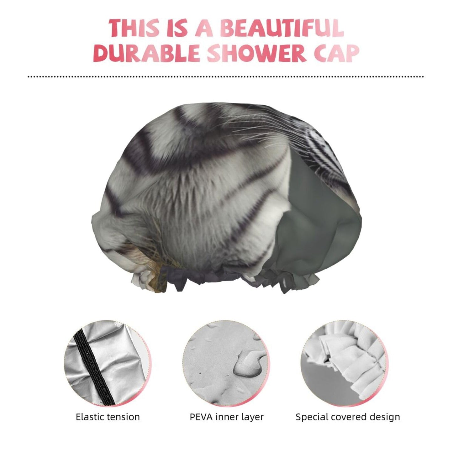 White Tiger Shower Cap For Women Reusable Double Layers Bathing Bath Cap Hair Caps Waterproof Elastic Band Ladies Spa Salon Shower Hat Hair Caps Beauty and Personal Care GDSHJKLW