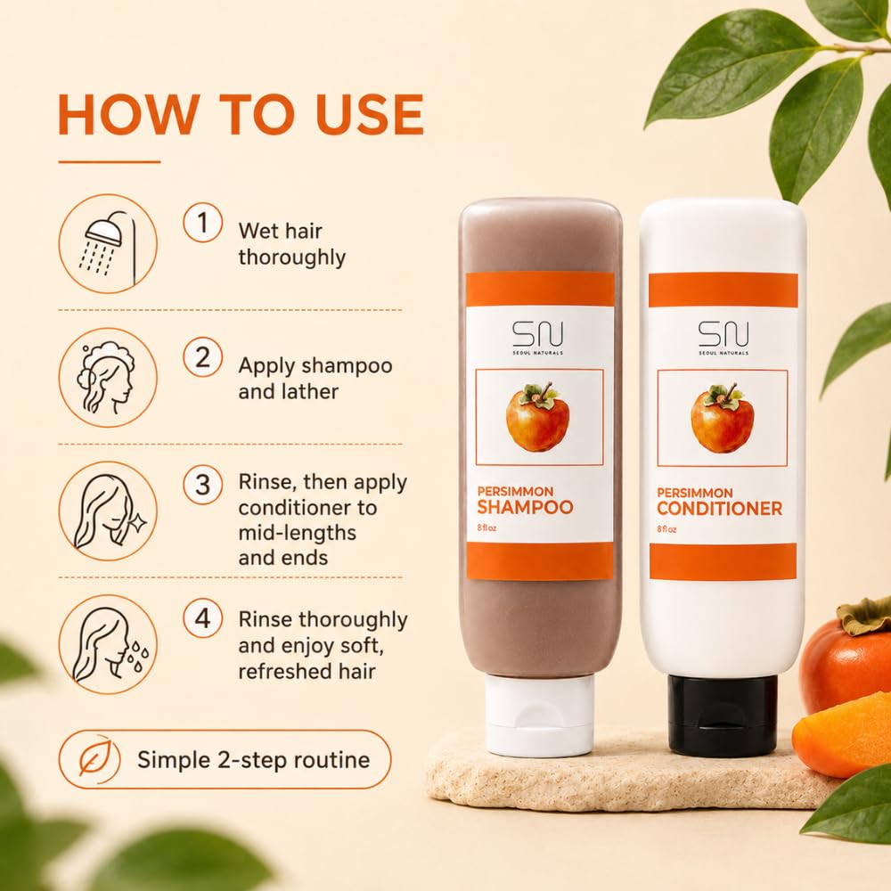 Seoul Naturals Persimmon Shampoo and Conditioner Set, Deodorizing and Nonenal Odor Eliminating, All Natural Ingredients, k beauty inspired, 16fl oz, 2 Beauty & Personal Care Seoul Naturals