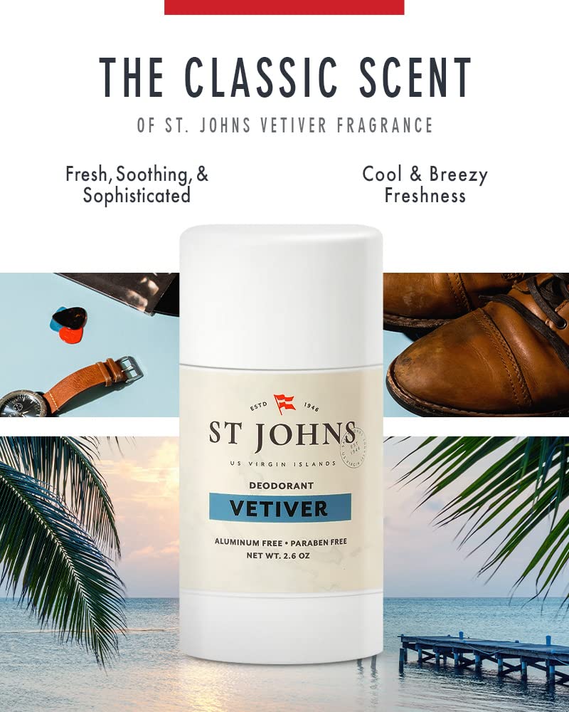 St Johns Vetiver Aluminum Free Deodorant - Long-Lasting, Odor Resistant & Soothing Clear Deodorant Stick - Natural Compounds - Men's 2.6 oz Stick Beauty and Personal Care St. John