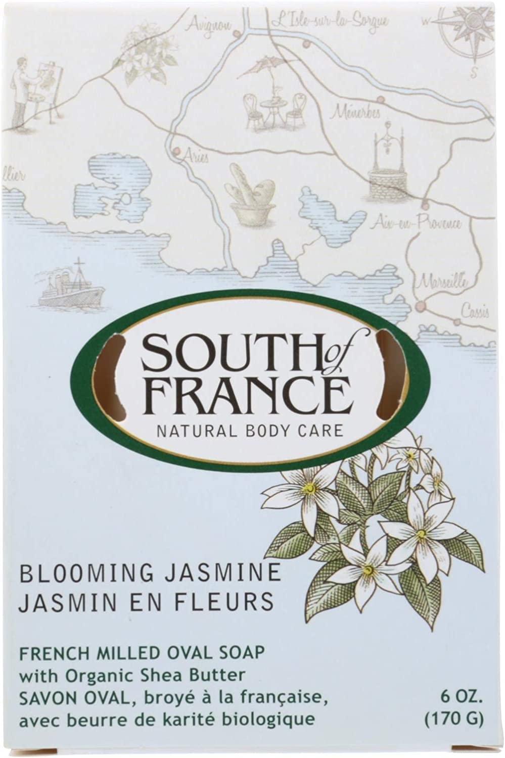 South of France, Blooming Jasmine, French Milled Oval Soap with Organic Shea Butter, 6 oz (170 g) - 2pc2 Beauty & Personal Care South Of France