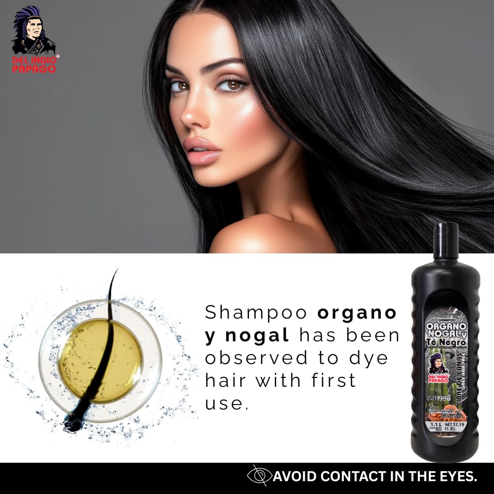 Del Indio Papago Organo Nogal y Té Negro Shampoo 1.1L - Black Walnut & Black Tea Herbal Shampoo for Dark-Looking Hair - Gentle Cleansing Formula - For