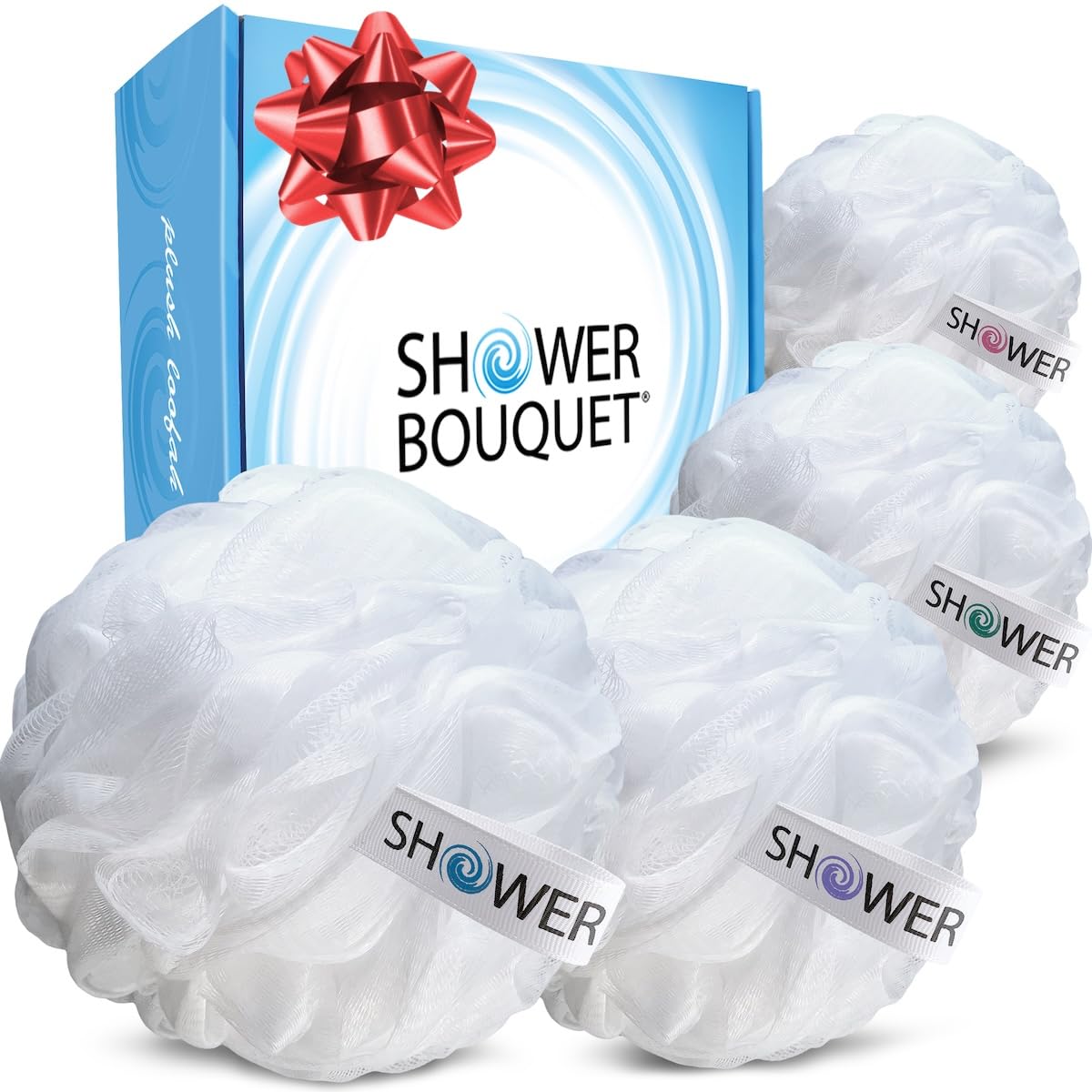 SHOWER BOUQUET Loofah Soft-White-Cloud XL Bath-Sponge 4-Pack // Extra Large 75g Mesh Loofa Lufa Pouf Set for Men and Women - Exfoliate with Big Gentle Beauty & Personal Care Shower Bouquet