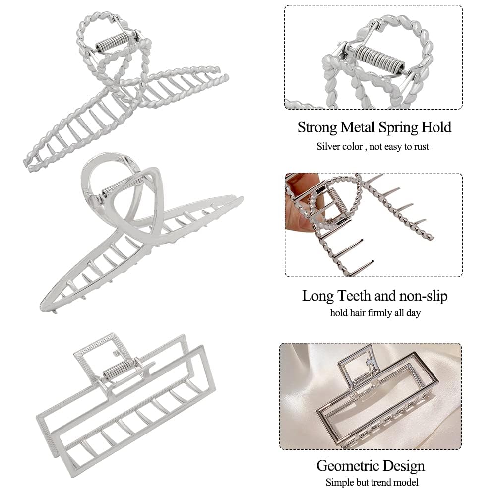 3pcs Hair Claw clips for Women, Metal Silver Large Hair clips for Thick Thin Hair, Geometric Cross Square Jumbo Catch Barrette Clamps, Fashion Hair Beauty & Personal Care RAUIMOUR
